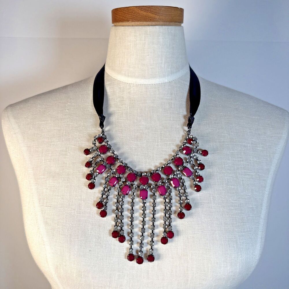Statement Chunky Bib Fringe Pink Red Black Bead Necklace NWT Macy’s
